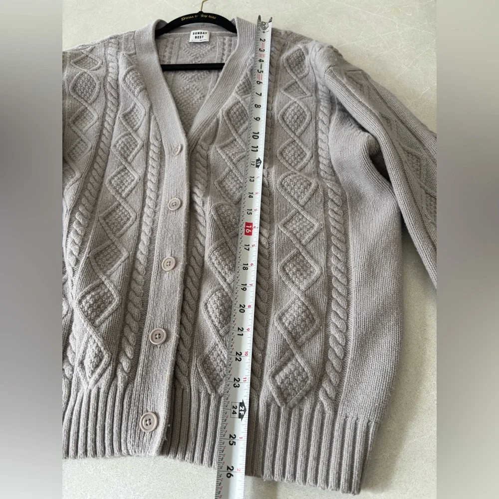 Sunday Best Taupe Cable Knit Cardigan Wool Blend Sz. Small Grandpa Grandma Luxe - Picture 6 of 11